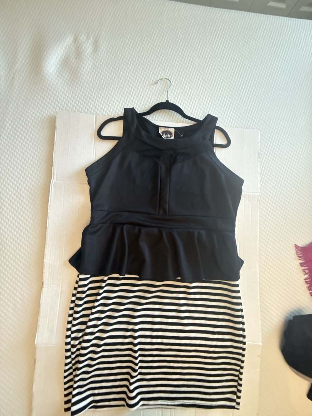Deb Black and White Striped Peplum Sleeveless Mini Dress